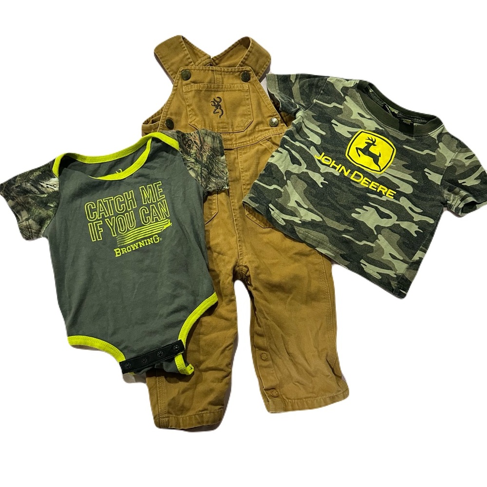 Size 9-12 M bundle Browning and John Deere Overalls, shirt, onesie